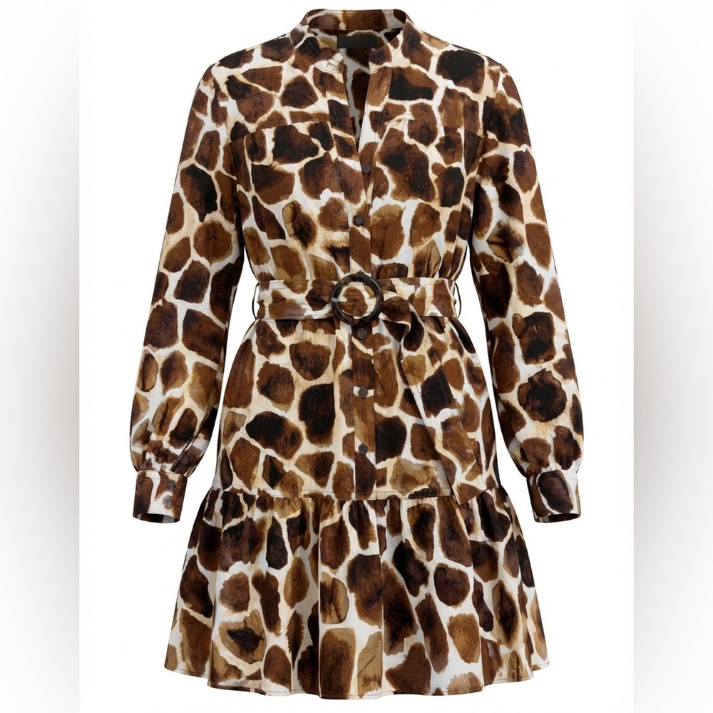 Banana Republic Shirt Dress Womens XS Brown Animal Print Belted